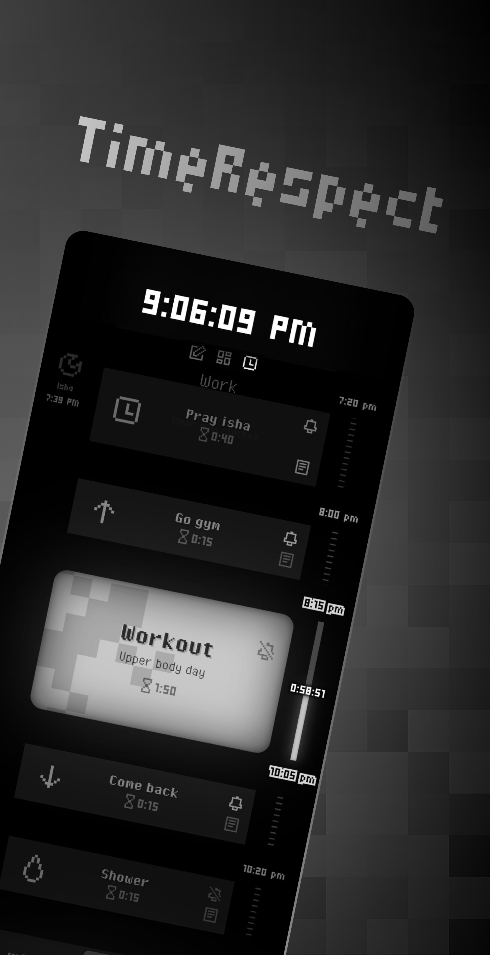 TimeRespect timetable view – current time block highlighted with live countdown
